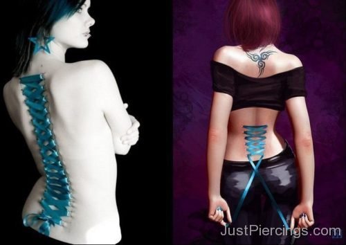 Tribal Tattoo And  Corset Piercing On Back-JP1163