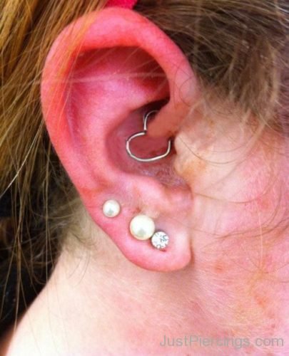 Triple Lobe And Daith Piercing With Heart Ring-JP1481