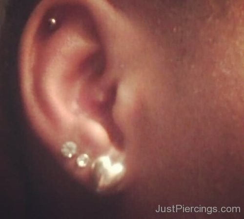 Tripple Lobe Ear Piercing With Crystal And Heart Stud Piercing-JP1325