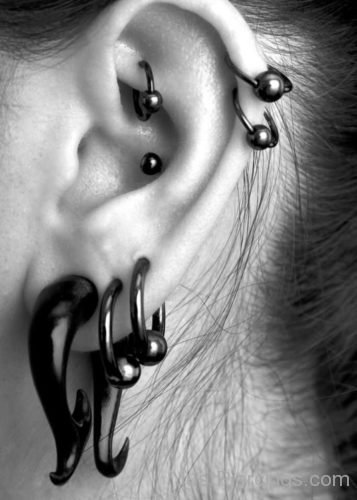 Tripple Lobe, Rook And Dual Cartilage Ear Piercings-JP1191