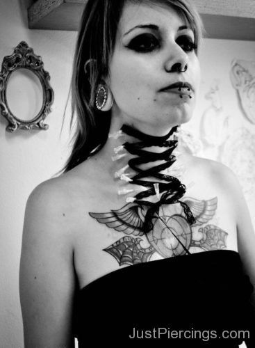 Winged Heart Tattoo And Corset Piercing On Neck-JP1166