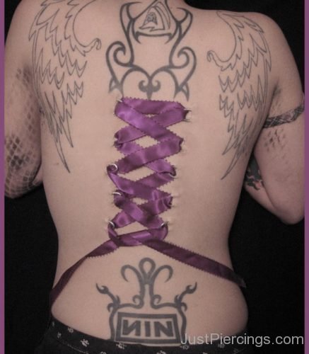 Wings Tattoo  And Corset Piercing On Back-JP1137