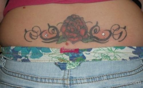 Red Rose Tattoo And Back Dimple Piercing With Dermals-JP159