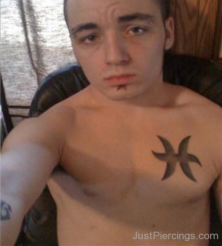 Double Vertical Eyebrow Piercing And Chest Tattoo-JP1066