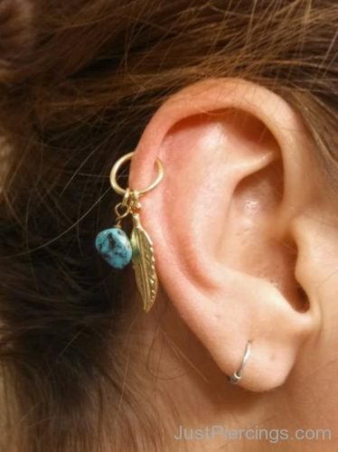 Ear Lobe And Helix Piercings With Feather Ring-JP1035
