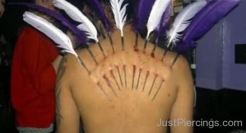 Purple And White Feather Piercing On Back Body-Jp117
